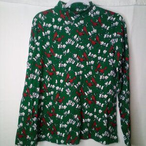 Kim Rogers Shirt Women M Long Sleeve Perfectly Soft 100% Cotton Red Birds Green